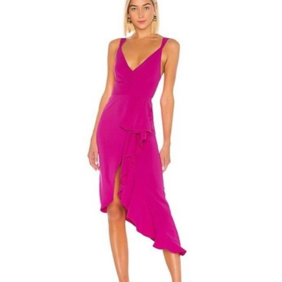Lovers + Friends Claire Very Berry Pink Asymmetrical Bodycon Midi Maxi Dress - L - Picture 1 of 15